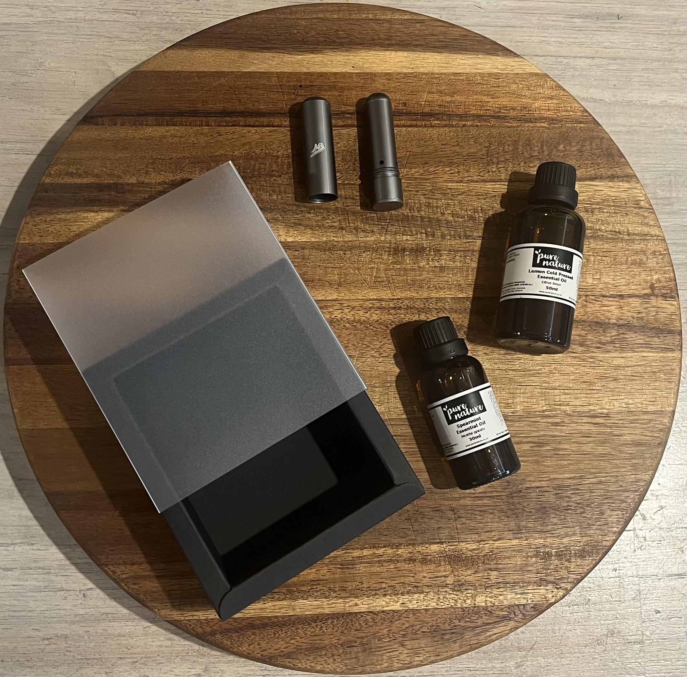 The WhiffStick, refill oils and cardboard packaging